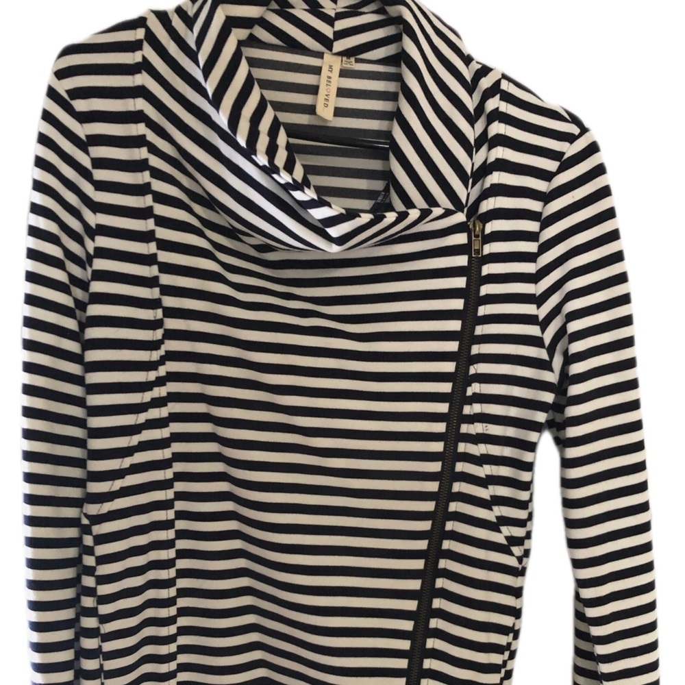 Medium blue and white striped zip up cardigan from online boutique.